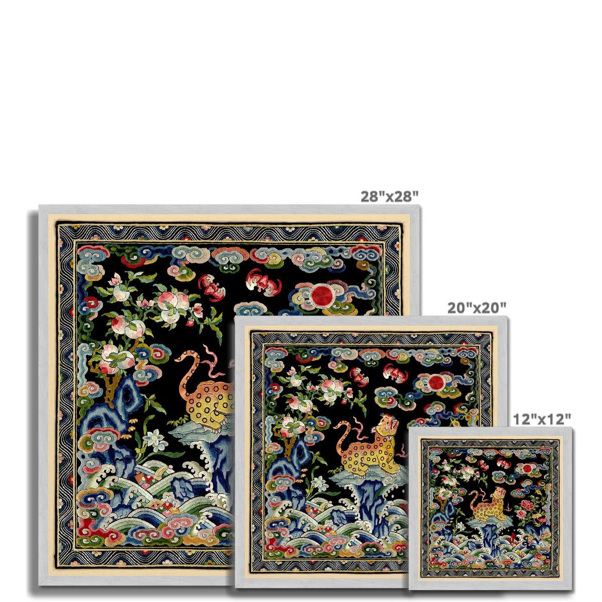 Framed Leopard Qing Dynastic Silk Mandarin Square | Asian Lion, Tiger, Jaguar Vintage Framed Fine Art Print