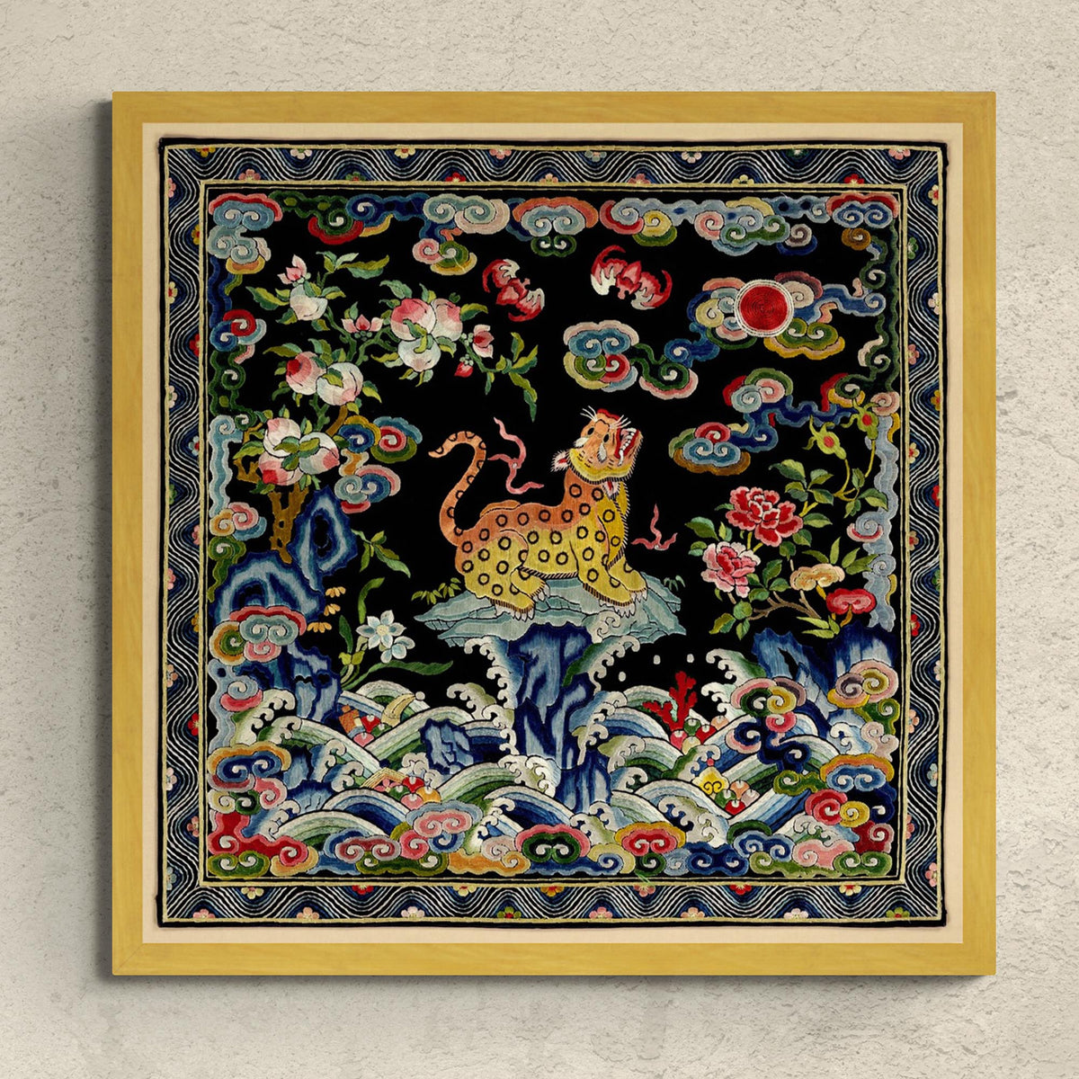 Fine art 12&quot;x12&quot; / Gold Frame Framed Leopard Qing Dynastic Silk Mandarin Square | Asian Lion, Tiger, Jaguar Vintage Framed Fine Art Print