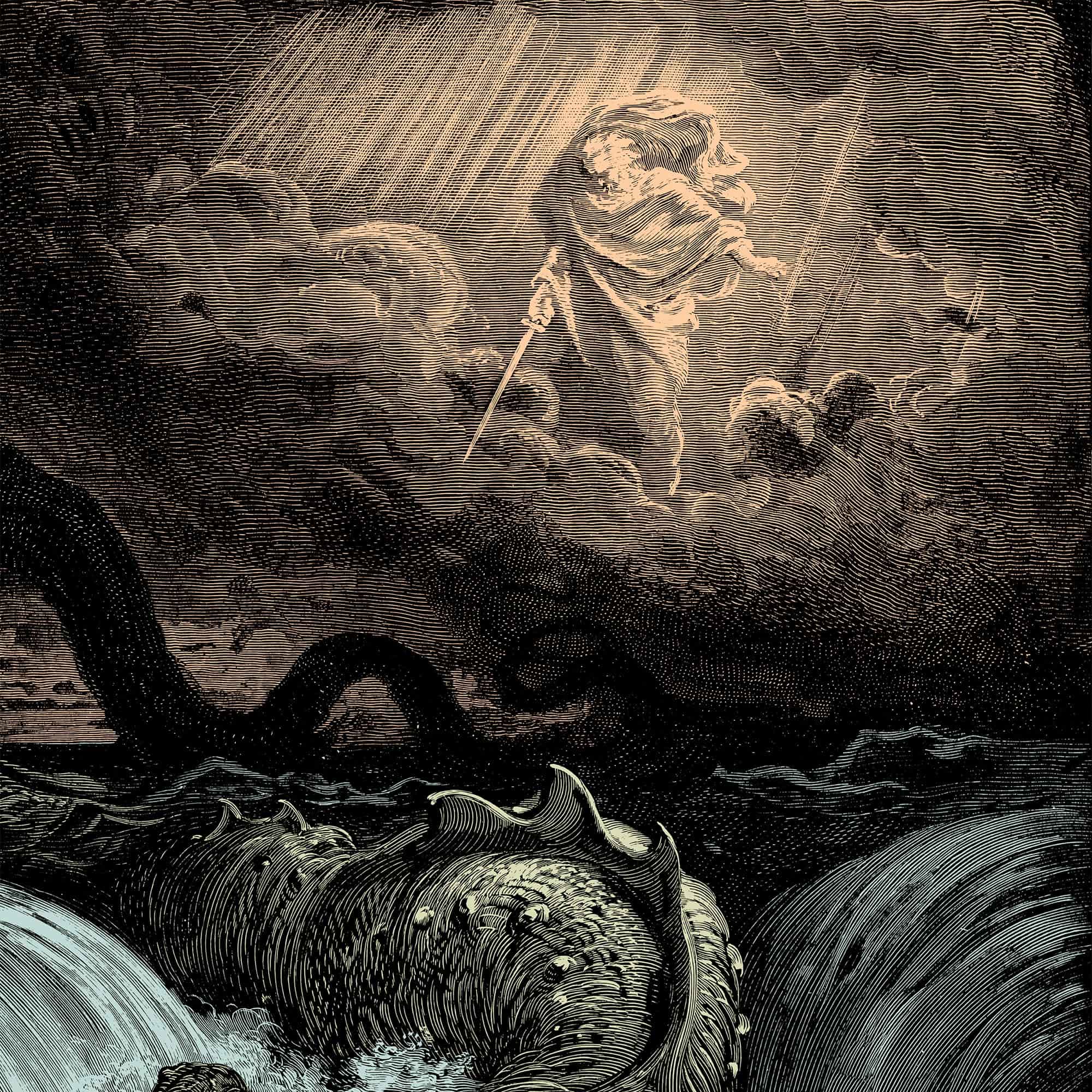 Framed, Matted Destruction of Leviathan | Gustave Dore Occult Satan Dragon Serpent Decor | Vintage Lucifer Framed, Matted Fine Art Print