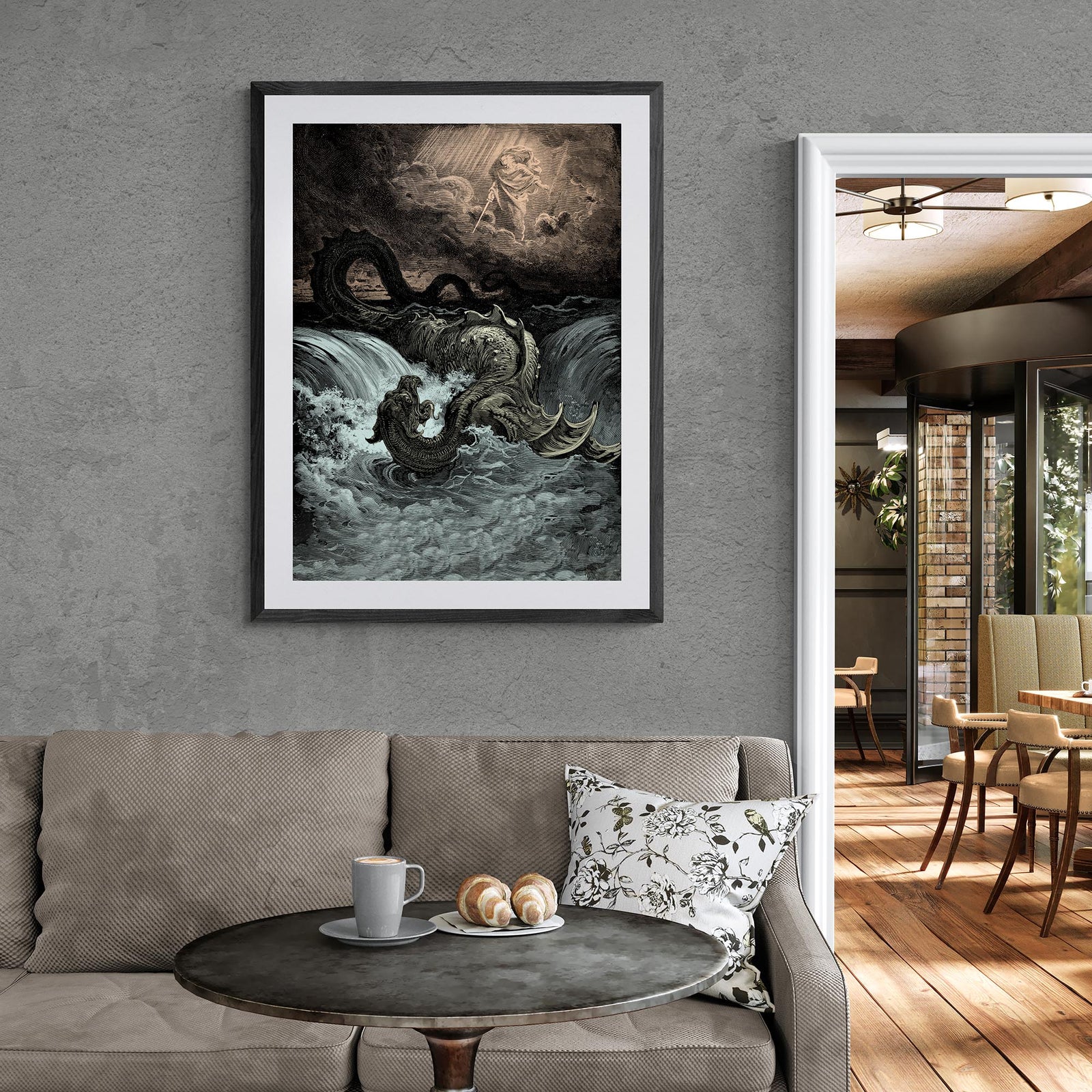 Framed, Matted Destruction of Leviathan | Gustave Dore Occult Satan Dragon Serpent Decor | Vintage Lucifer Framed, Matted Fine Art Print