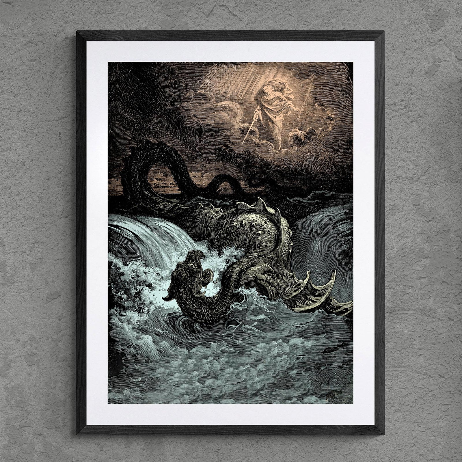 Framed, Matted Destruction of Leviathan | Gustave Dore Occult Satan Dragon Serpent Decor | Vintage Lucifer Framed, Matted Fine Art Print