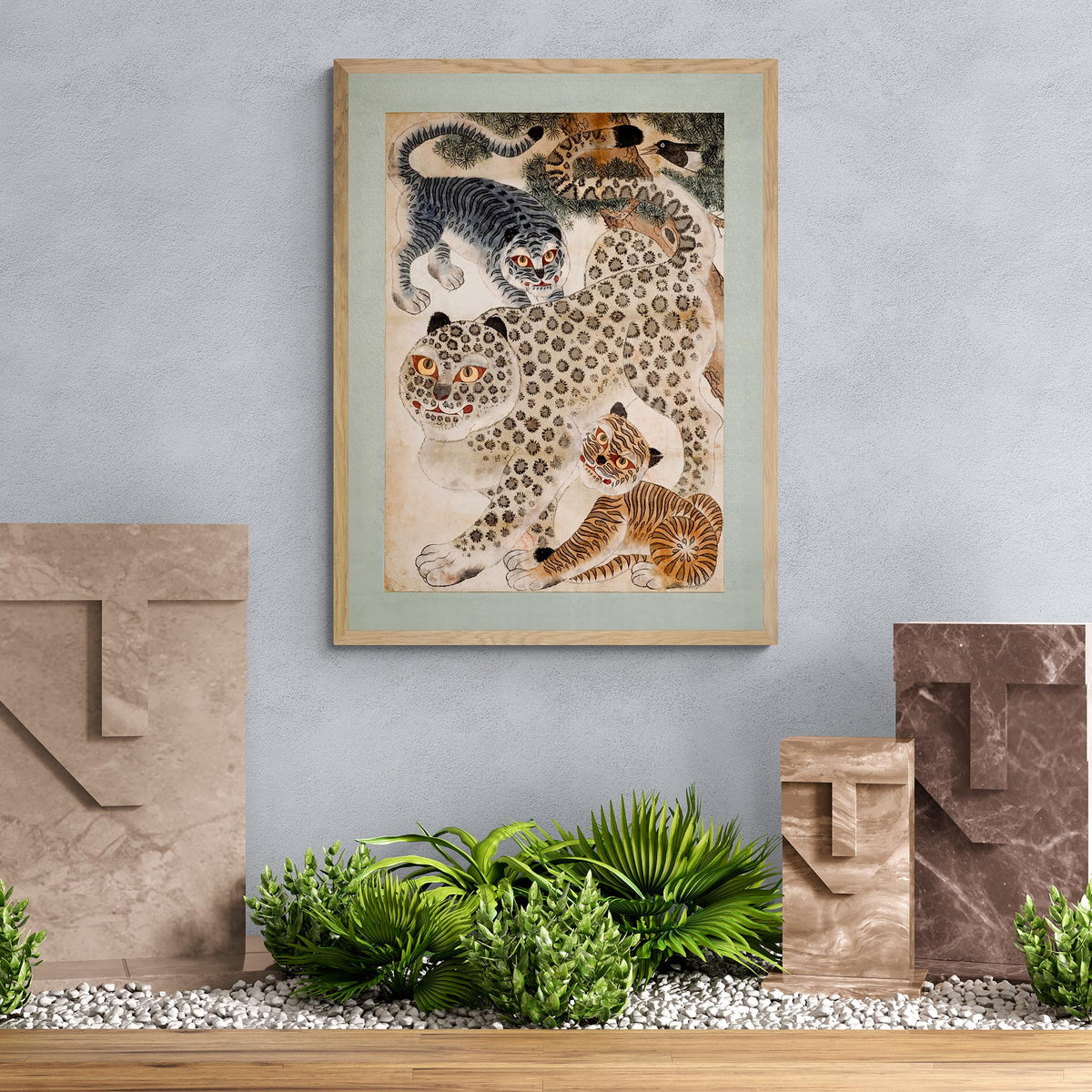 Framed Minhwa Tiger, Leopard Korean Folk Art | Asian Wildlife Nature Jungle | Kid's Room Nursery Framed Art Print