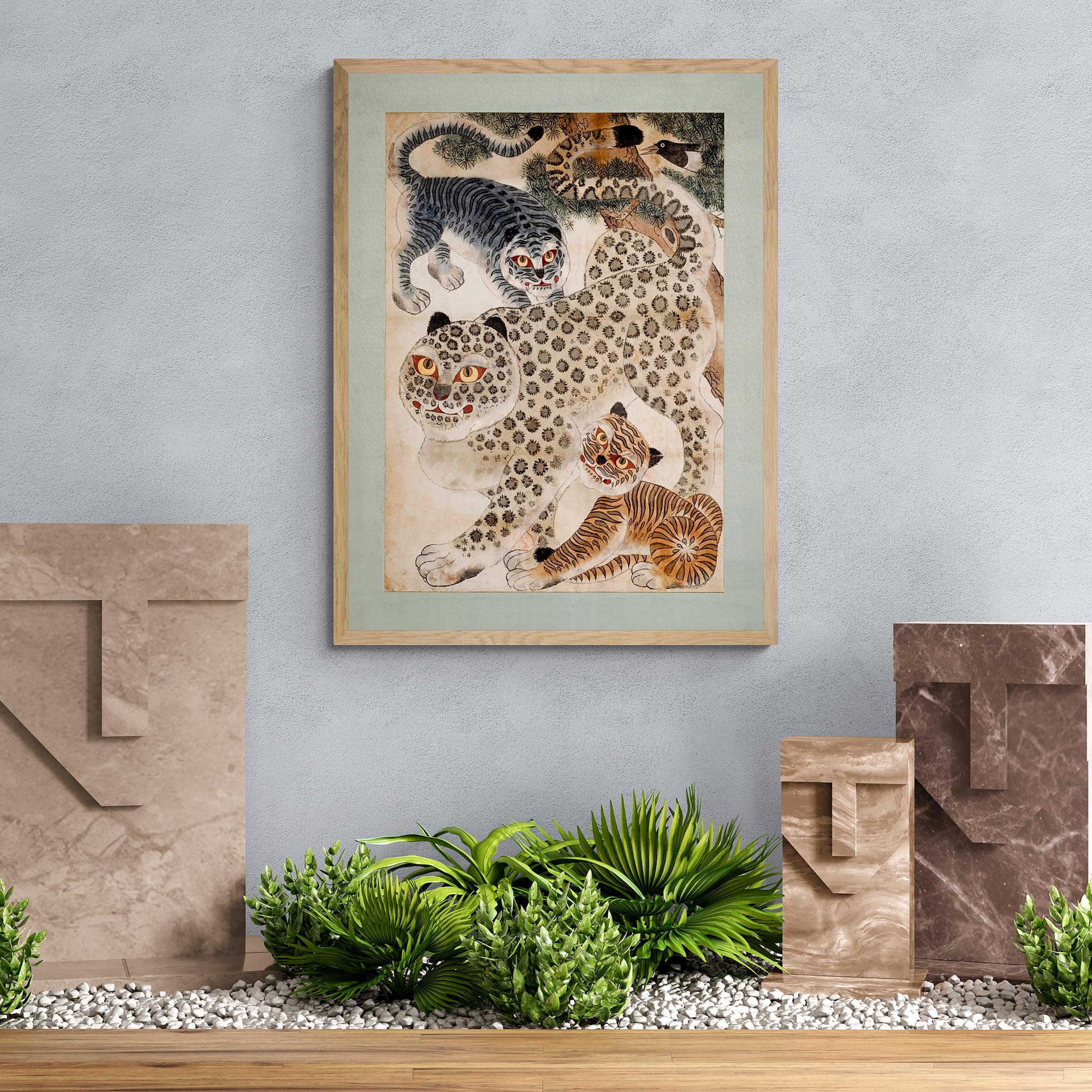 Fine art Framed Minhwa Tiger, Leopard Korean Folk Art | Asian Wildlife Nature Jungle | Kid's Room Nursery Framed Art Print