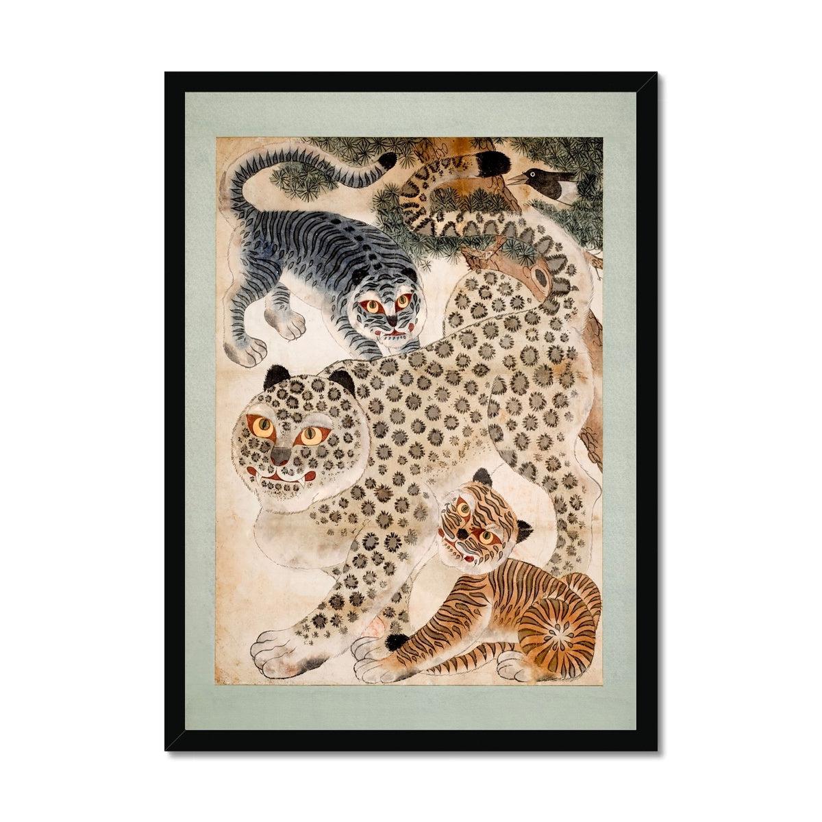 Framed Minhwa Tiger, Leopard Korean Folk Art | Asian Wildlife Nature Jungle | Kid's Room Nursery Framed Art Print
