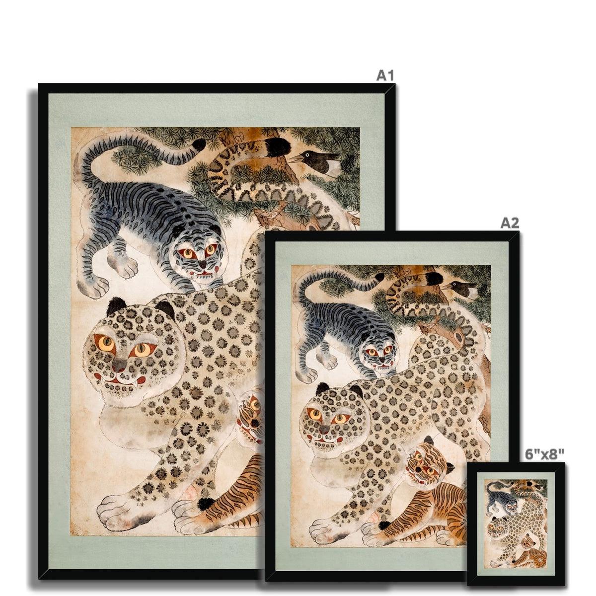 Framed Minhwa Tiger, Leopard Korean Folk Art | Asian Wildlife Nature Jungle | Kid's Room Nursery Framed Art Print