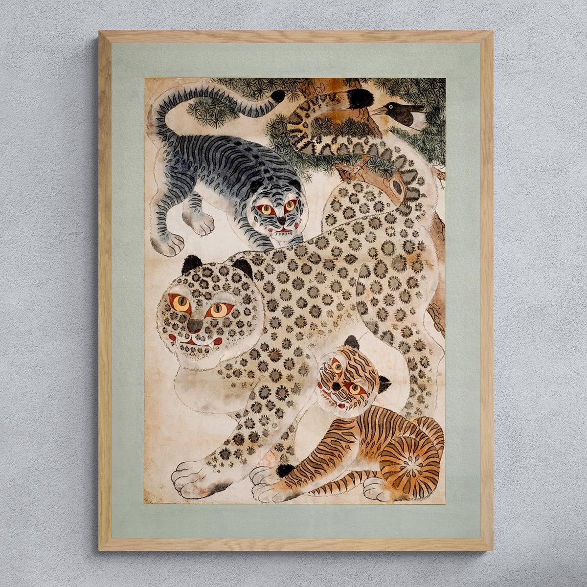 Fine art Framed Minhwa Tiger, Leopard Korean Folk Art | Asian Wildlife Nature Jungle | Kid&#39;s Room Nursery Framed Art Print