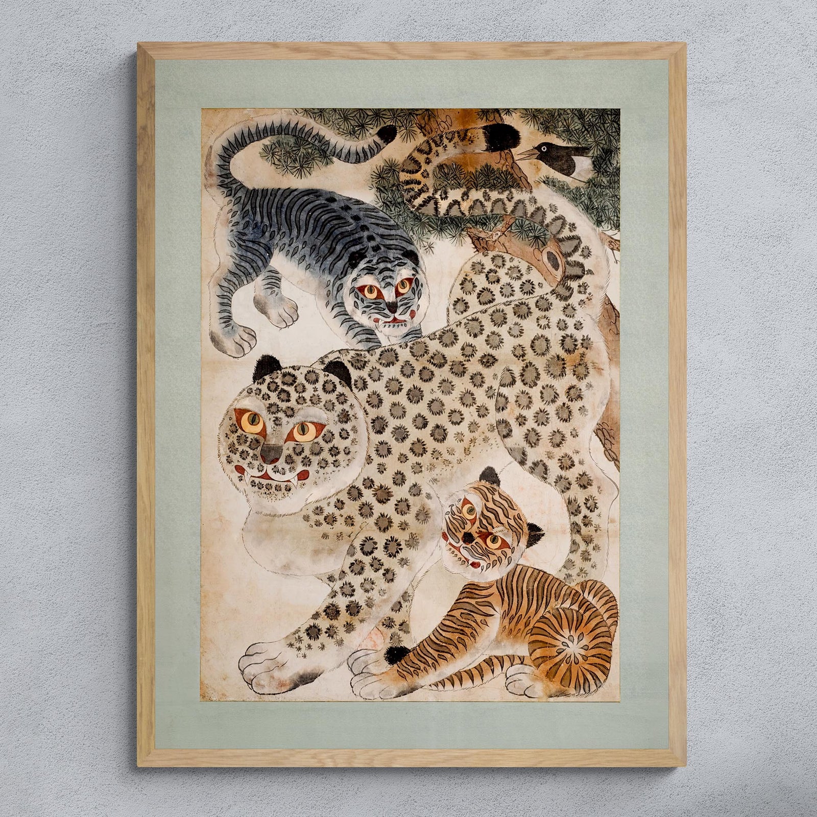 Fine art Framed Minhwa Tiger, Leopard Korean Folk Art | Asian Wildlife Nature Jungle | Kid's Room Nursery Framed Art Print