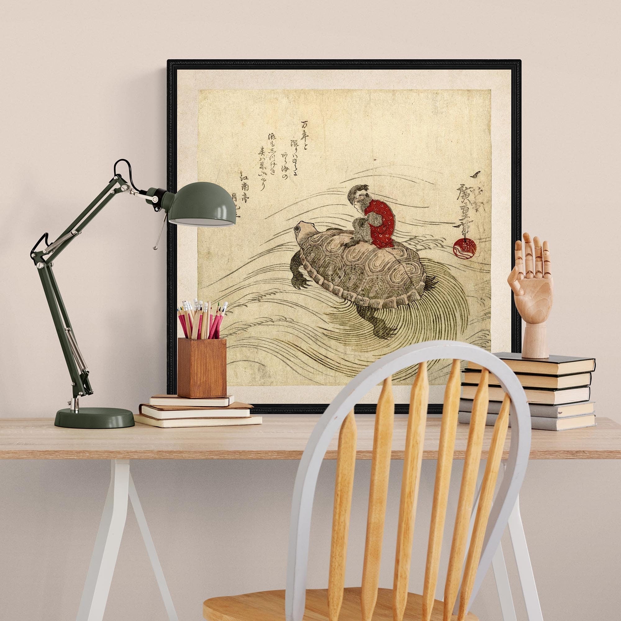 Fine art Framed Monkey and Tortoise: Hiroshige Utagawa, Antique Vintage Japanese Edo Woodblock Cute Kawaii Ape Ukiyo-e Framed Art Print.