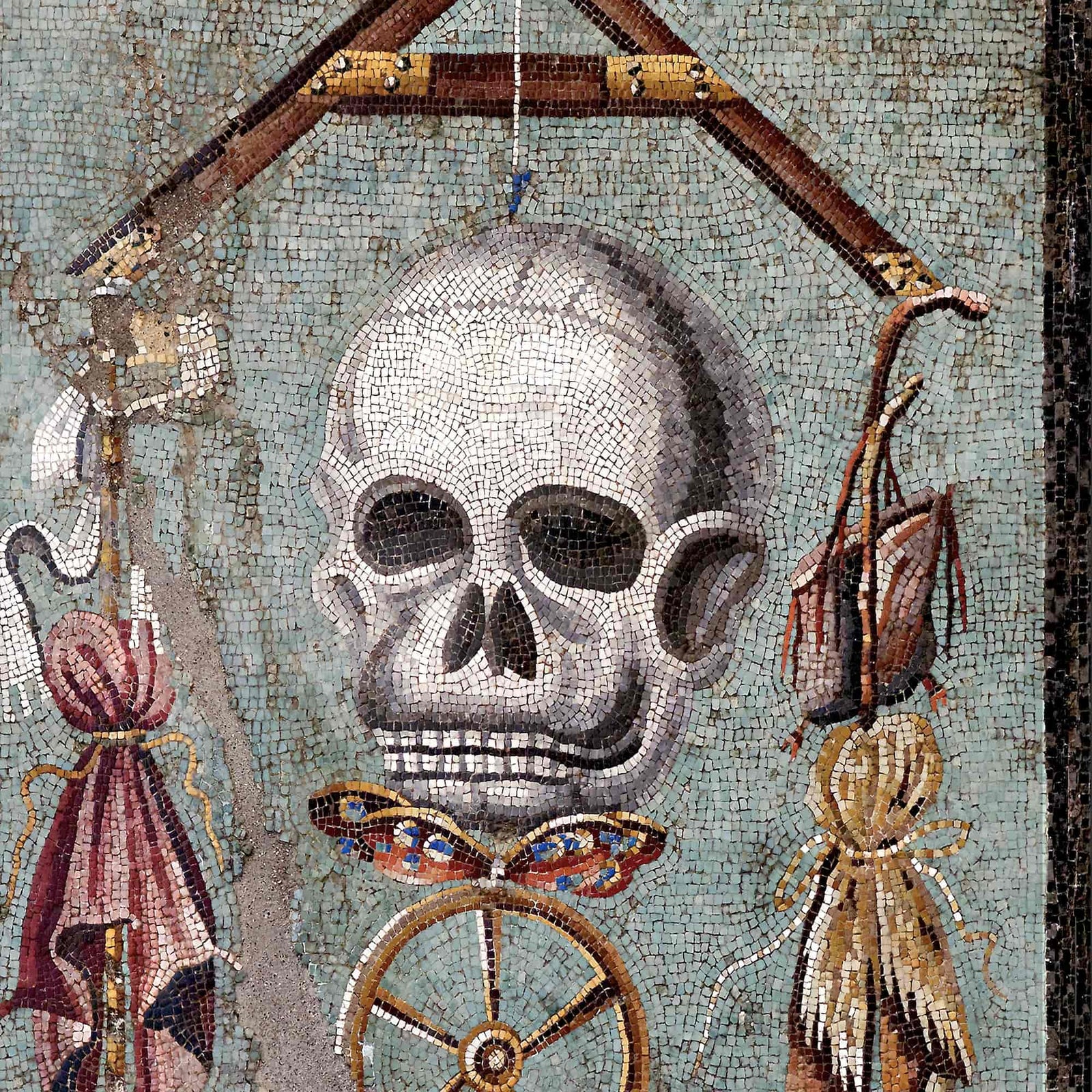 Framed Pompei Momento Mori | Ancient Roman Mount Vesuvius Skull | Colorful Mosaic Dark Home Decor Framed Art Print