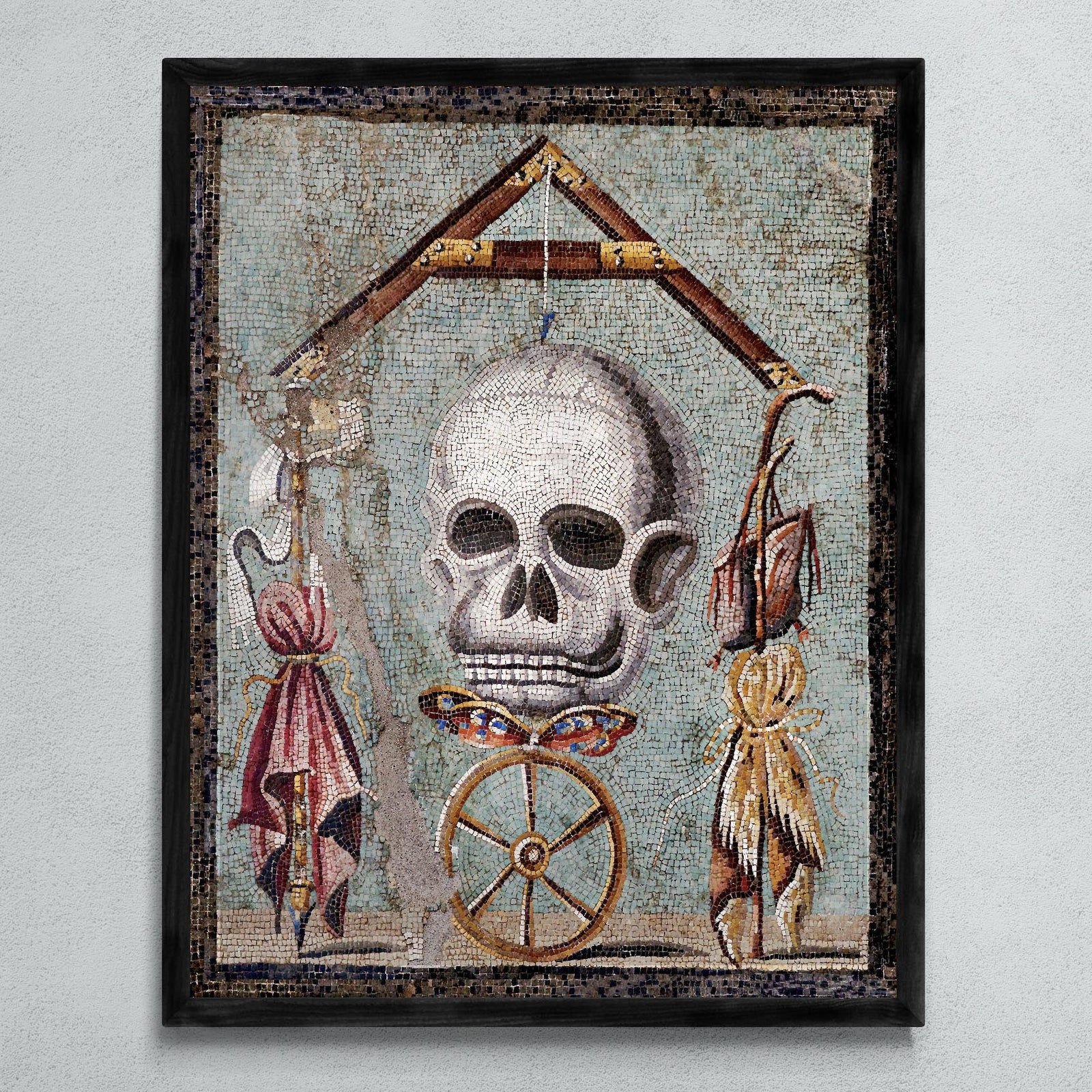 Framed Pompei Momento Mori | Ancient Roman Mount Vesuvius Skull | Colorful Mosaic Dark Home Decor Framed Art Print