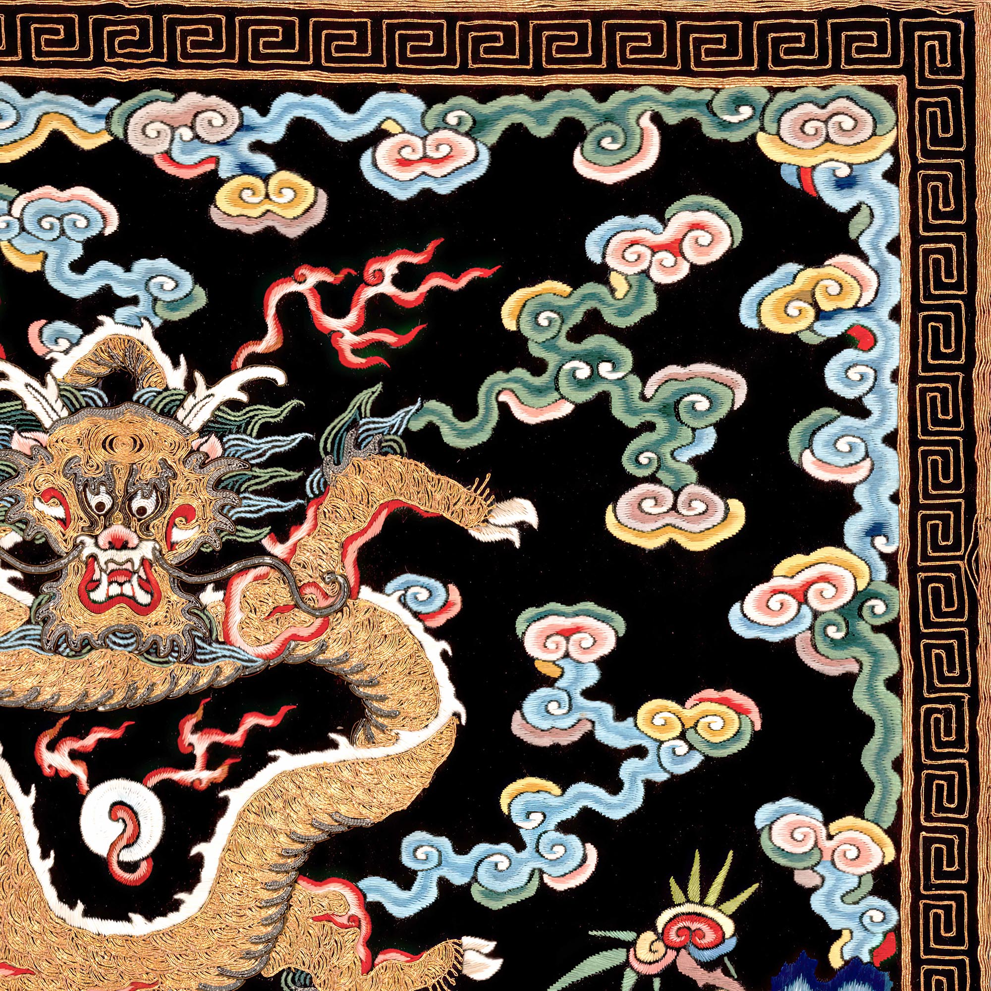 Framed Qing Dragon Chinese Silk Embroidered Folk Art Design | Mandarin Square Antique Asian Framed Art Print