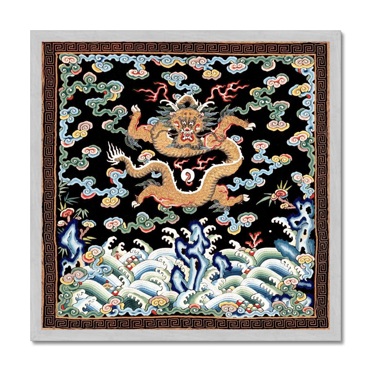 Fine art 20"x20" / Silver Frame Framed Qing Dragon Chinese Silk Embroidered Folk Art Design | Mandarin Square Antique Asian Framed Art Print