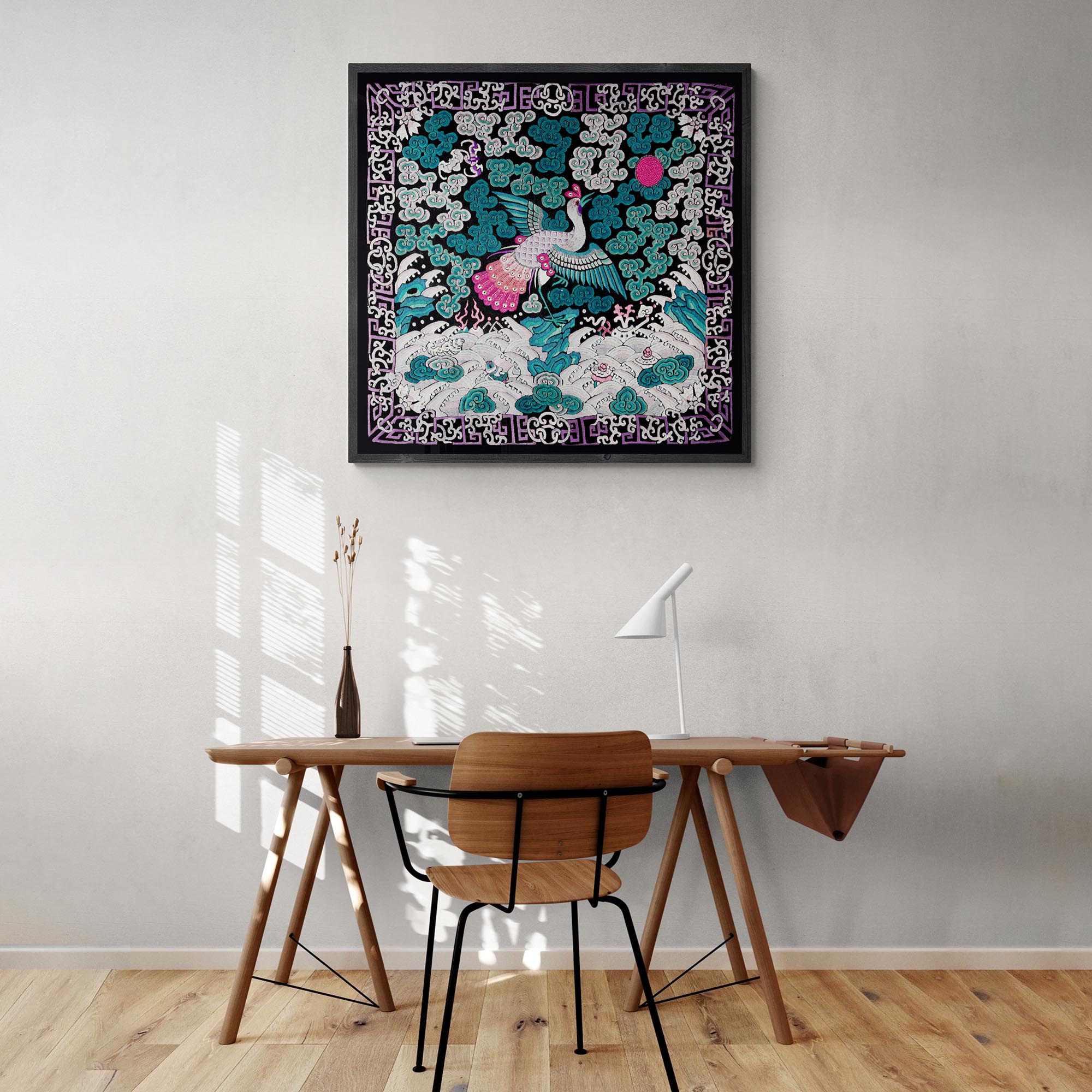 Framed Qing Dynasty, Traditional Chinese Silk Embroidery Pheasant Antique Mandarin Square Framed Art Print