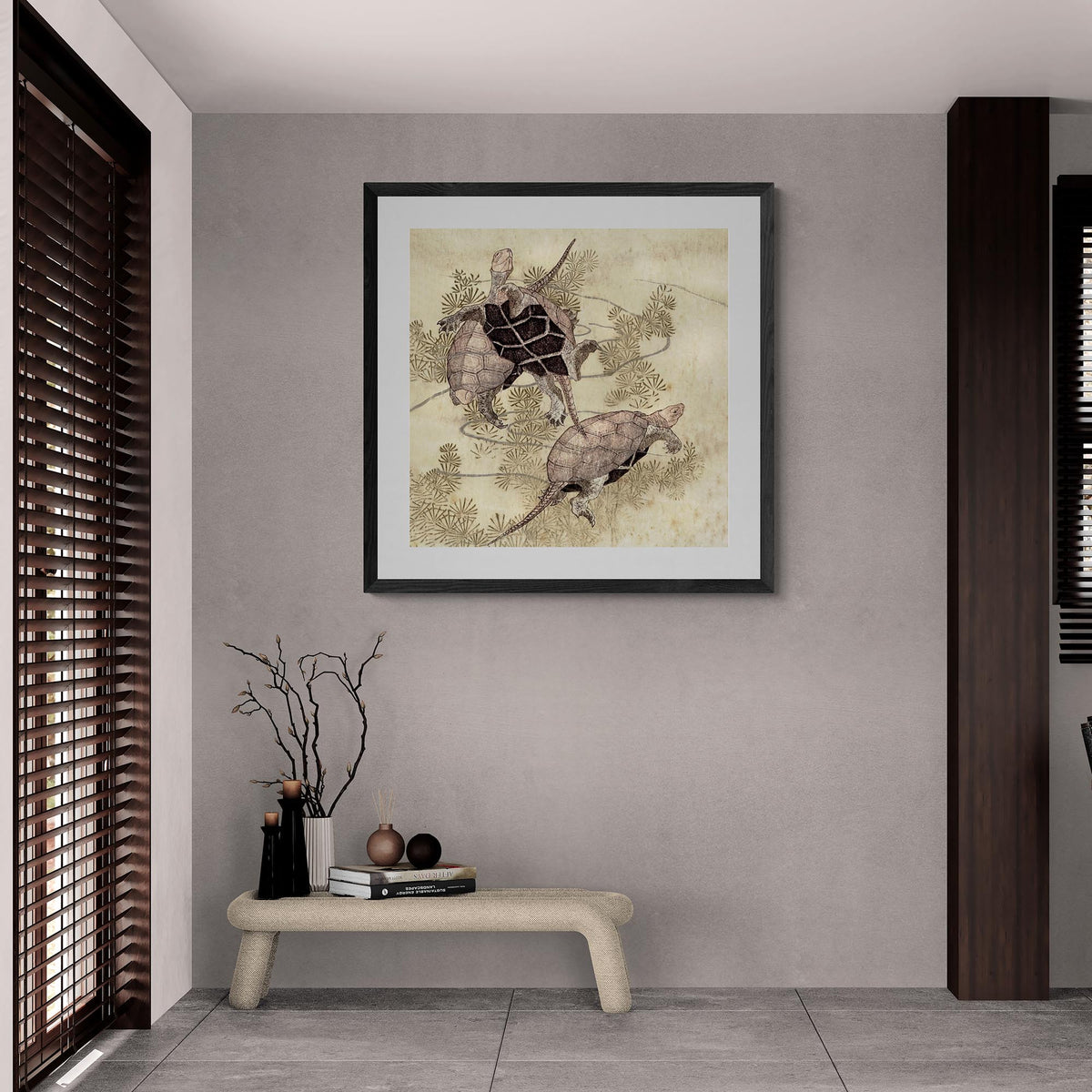 Framed Sea Turtles (Yashima Gakutei) | Edo-Period Japanese Ukiyo-e | Ocean Marine Peaceful Antique Woodblock Framed & Mounted Print