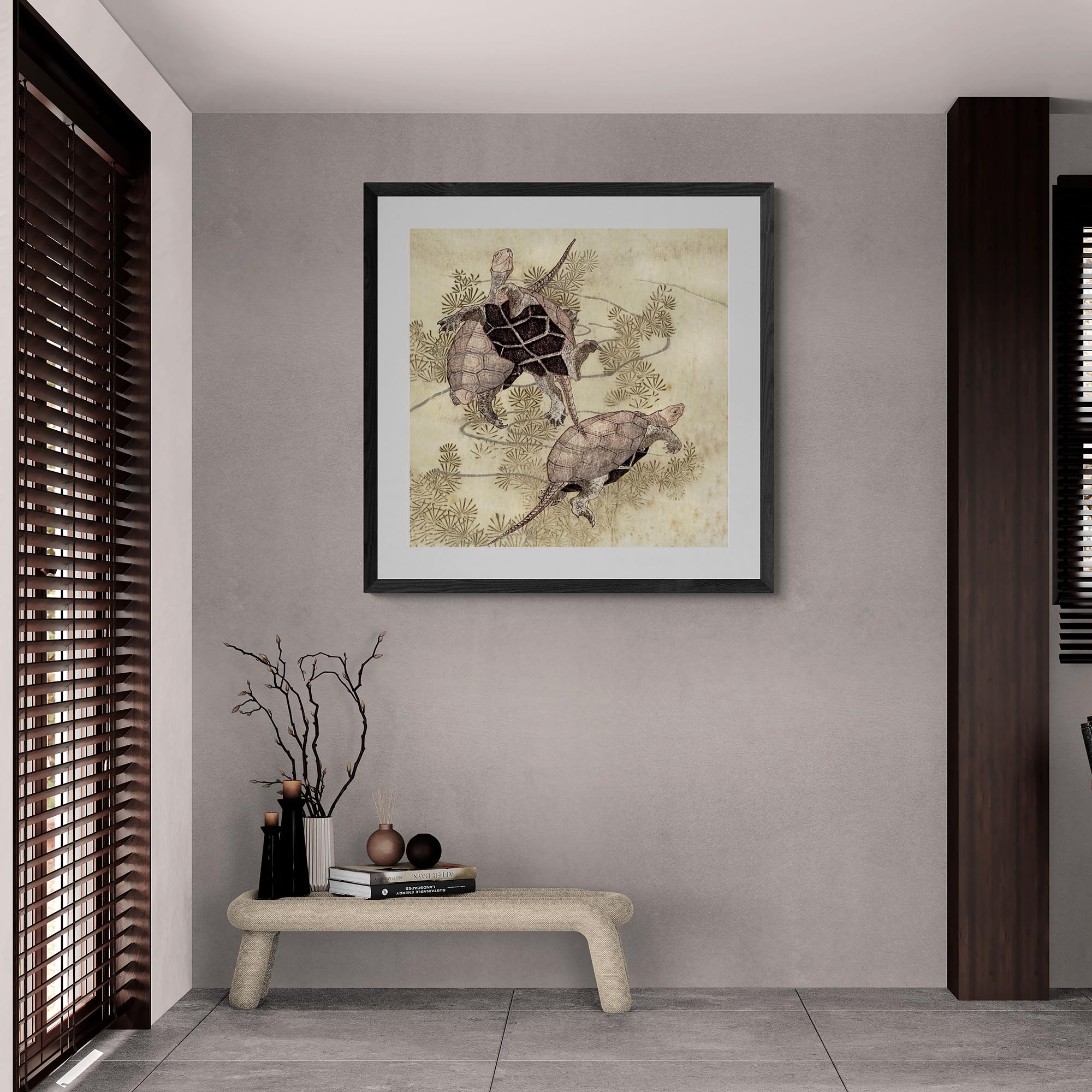 Framed Sea Turtles (Yashima Gakutei) | Edo-Period Japanese Ukiyo-e | Ocean Marine Peaceful Antique Woodblock Framed & Mounted Print