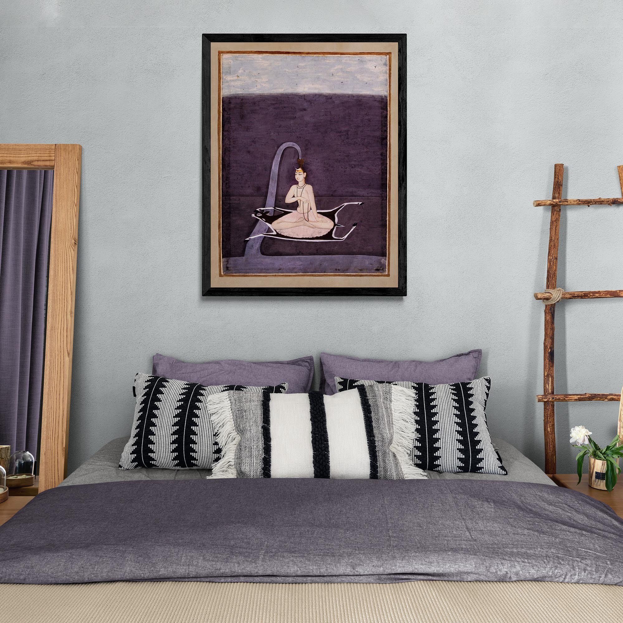 Framed Shiva Seated on a Deer Skin | Hindu Yoga God Meditation | Boho Ethnic Framed Art Print