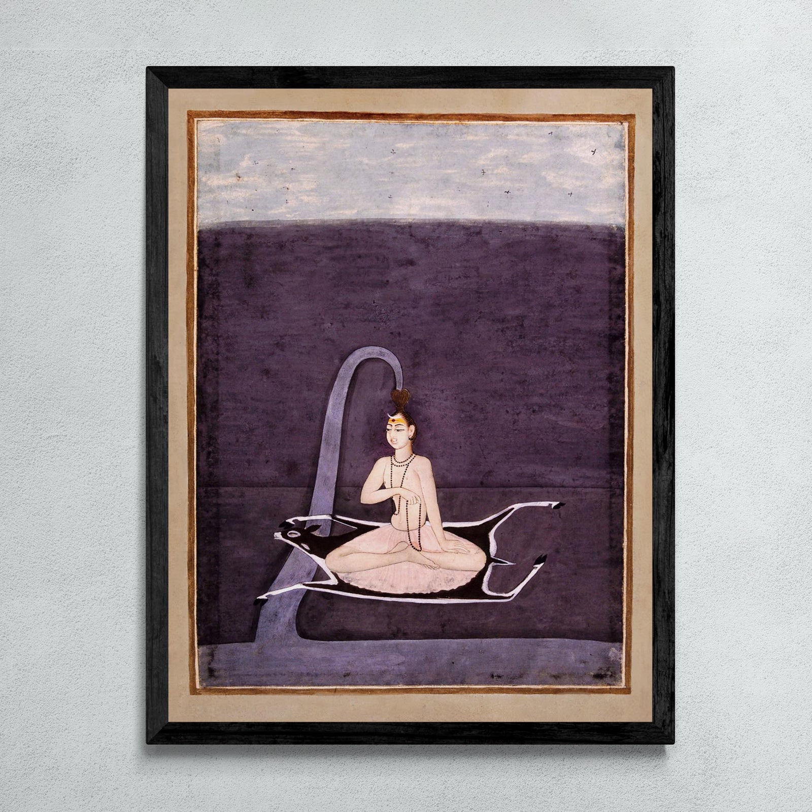 Framed Shiva Seated on a Deer Skin | Hindu Yoga God Meditation | Boho Ethnic Framed Art Print