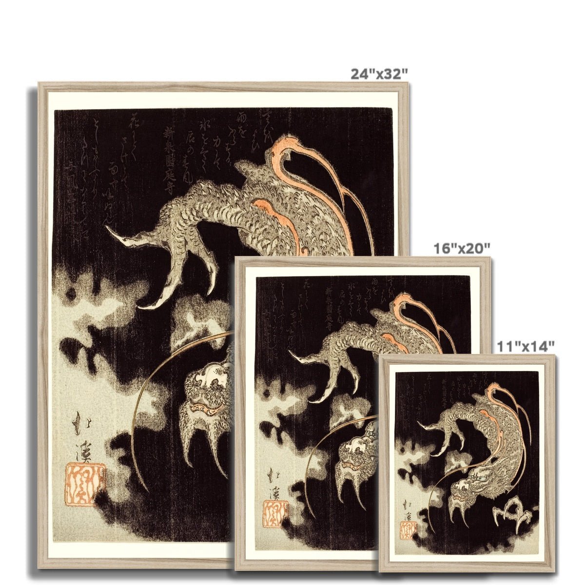 Framed Storm Dragon Against a Black Sky with Clouds and Poems, Totoya Hokkei Japanese Framed Print