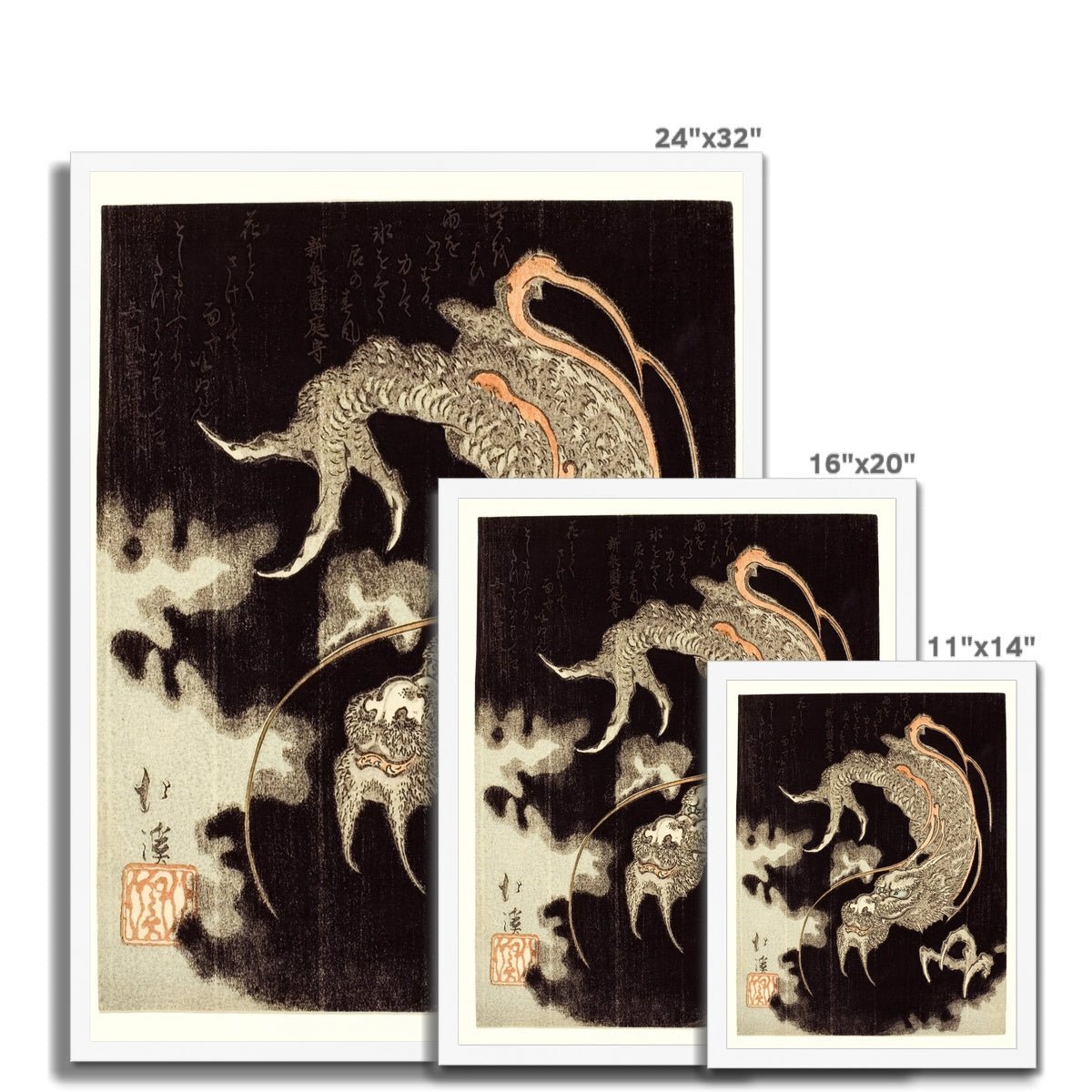 Framed Storm Dragon Against a Black Sky with Clouds and Poems, Totoya Hokkei Japanese Framed Print