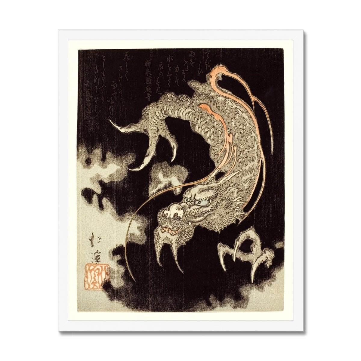 Framed Storm Dragon Against a Black Sky with Clouds and Poems, Totoya Hokkei Japanese Framed Print