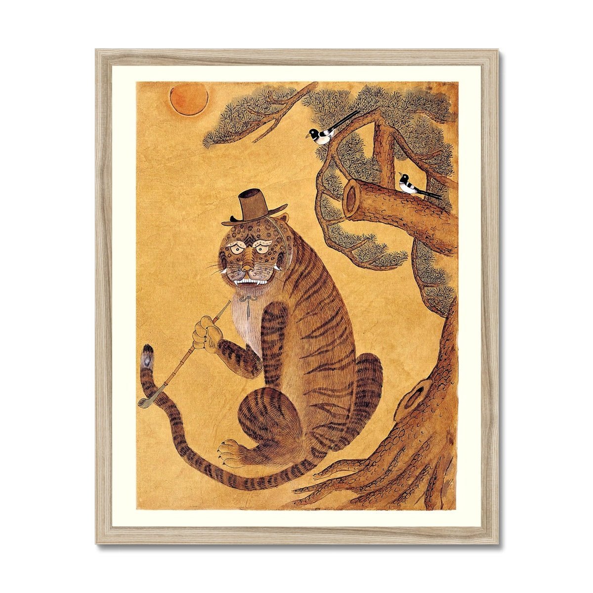Fine art 6"x8" / Natural Frame Framed Tiger Smoking a Pipe, with Magpies | Korean Minhwa Folk Art Mythology | 420, Cannabis, Hashish | Kawaii Cute Framed Print