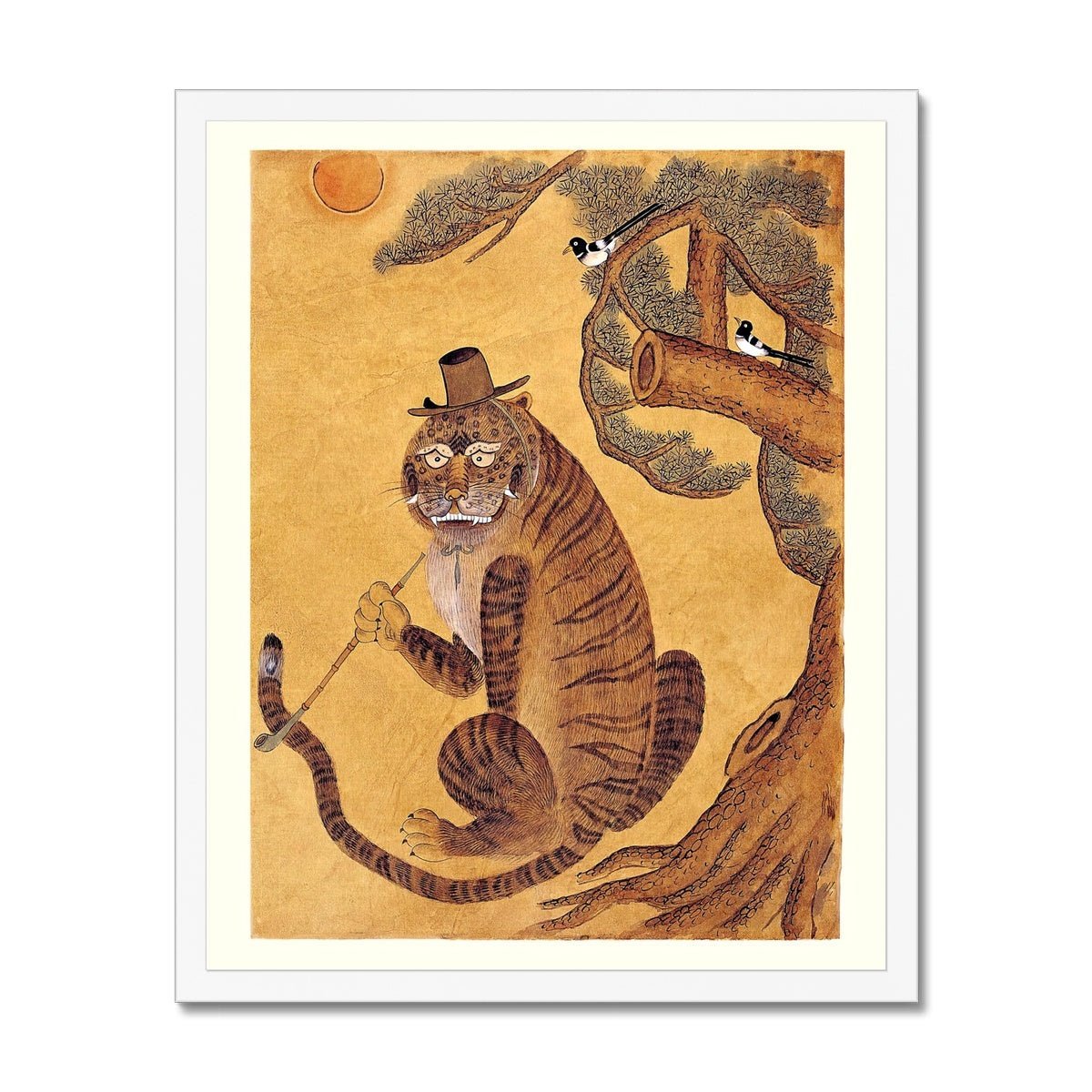 Fine art 6"x8" / White Frame Framed Tiger Smoking a Pipe, with Magpies | Korean Minhwa Folk Art Mythology | 420, Cannabis, Hashish | Kawaii Cute Framed Print