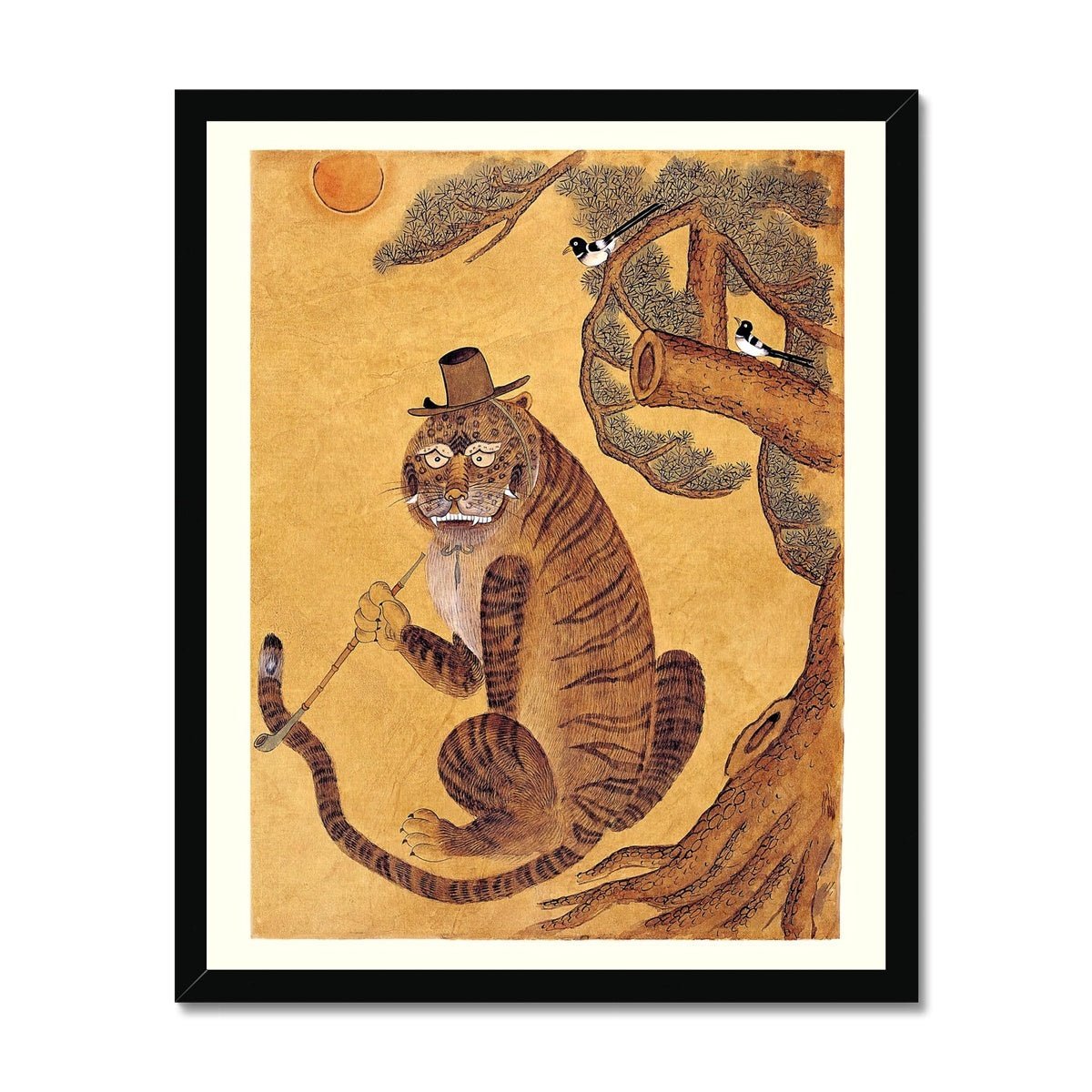 Fine art 6"x8" / Black Frame Framed Tiger Smoking a Pipe, with Magpies | Korean Minhwa Folk Art Mythology | 420, Cannabis, Hashish | Kawaii Cute Framed Print
