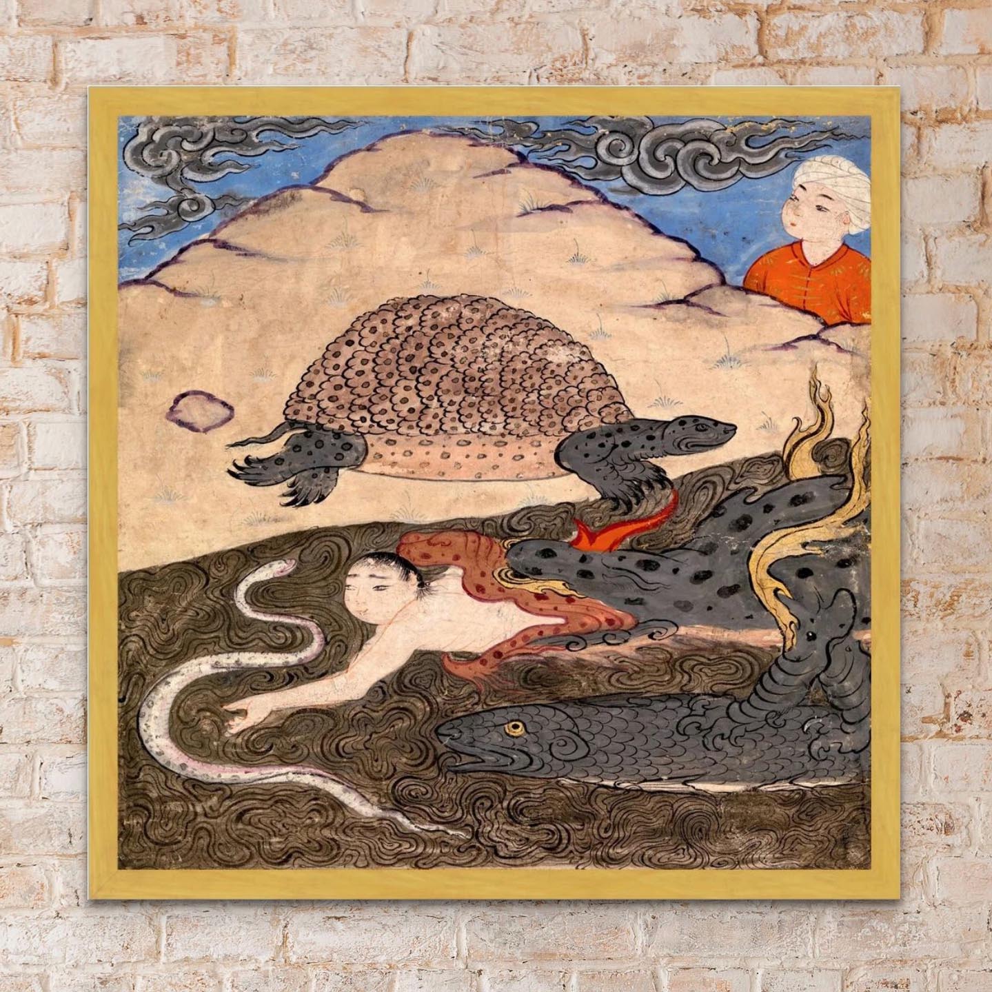 Fine art 12"x12" / Gold Frame Framed Tortoise, Dragon, and Snake | Wonders of Creation Medieval Islamic Persian Mythology Vintage Framed Art Print