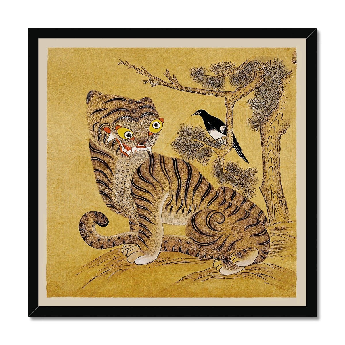 Framed Print 12"x12" / Black Frame Freaky Tiger and Magpie: Korean 19th-Century Minhwa Folk Painting | Vintage Bird Cute Funny Kawaii Gift | Lion Leopard Poster Framed Print