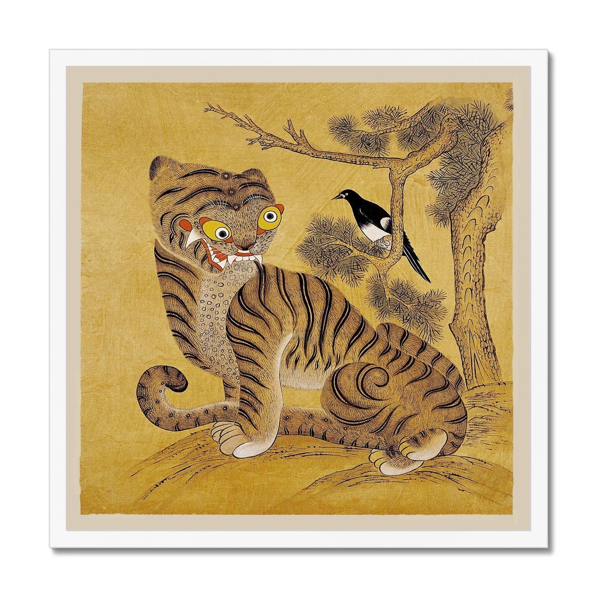 Framed Print 12"x12" / White Frame Freaky Tiger and Magpie: Korean 19th-Century Minhwa Folk Painting | Vintage Bird Cute Funny Kawaii Gift | Lion Leopard Poster Framed Print