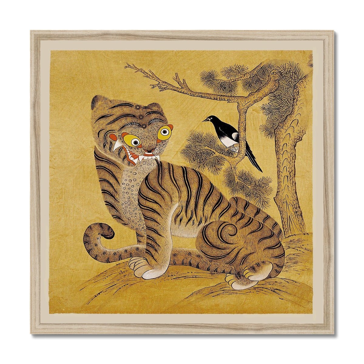 Framed Print 12&quot;x12&quot; / Natural Frame Freaky Tiger and Magpie: Korean 19th-Century Minhwa Folk Painting | Vintage Bird Cute Funny Kawaii Gift | Lion Leopard Poster Framed Print