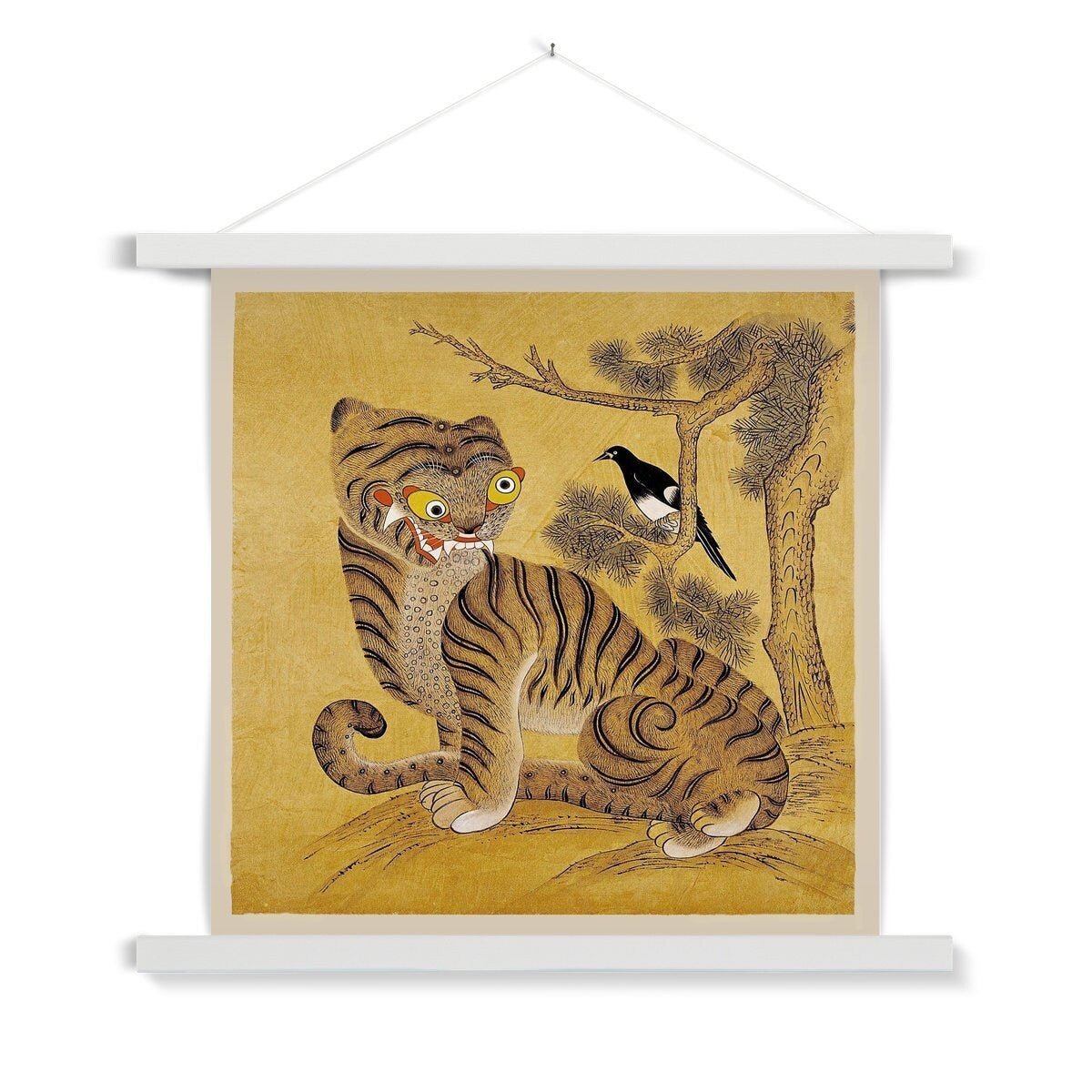 Hangar Thangka Freaky Tiger and Magpie: Korean 19th-Century Minhwa Folk Painting | Vintage Bird Cute Kawaii Gift | Lion Leopard Poster Print with Hanger