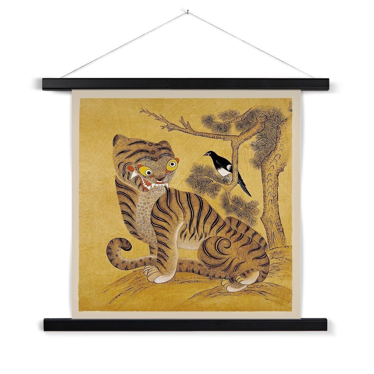 Hangar Thangka Freaky Tiger and Magpie: Korean 19th-Century Minhwa Folk Painting | Vintage Bird Cute Kawaii Gift | Lion Leopard Poster Print with Hanger