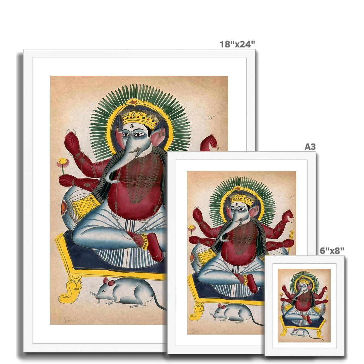 Ganesha Kalighat 19th Century Painting | Ganapati Wisdom Indian Hindu Knowlege Deity Framed Art Print