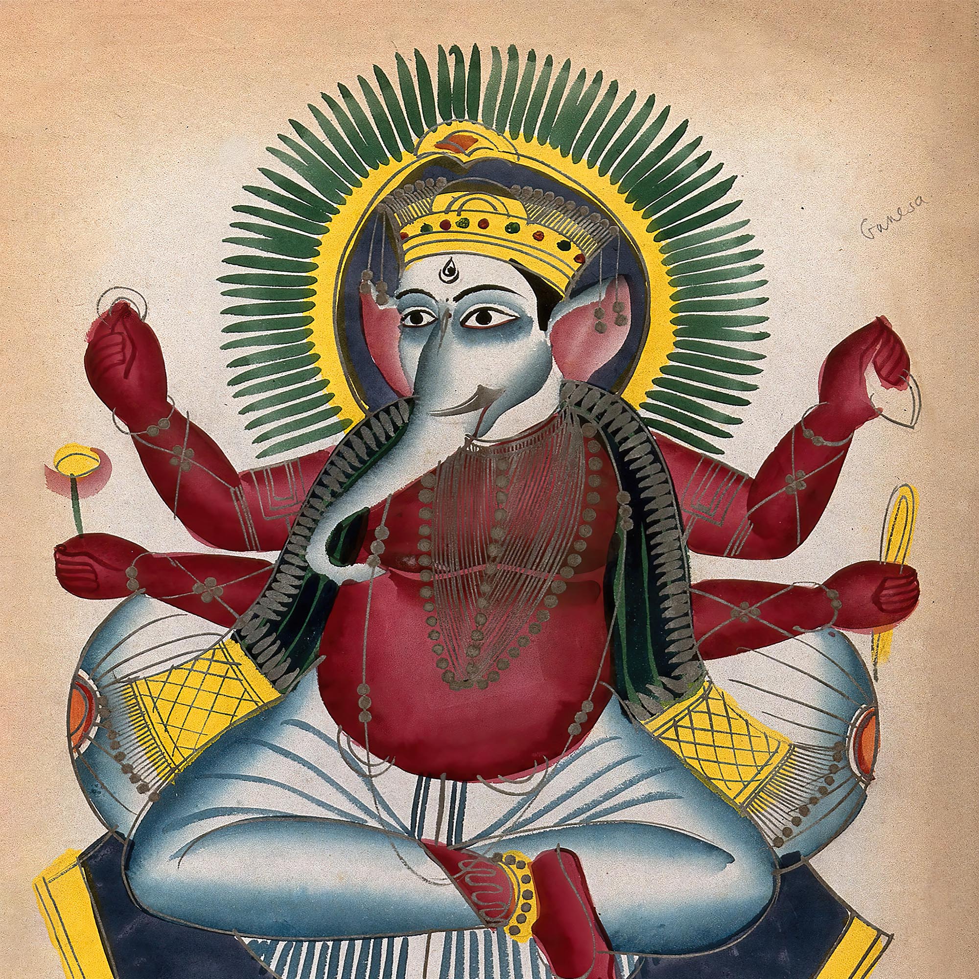 Fine art Ganesha Kalighat 19th Century Painting | Ganapati Wisdom Indian Hindu Knowlege Deity Framed Art Print