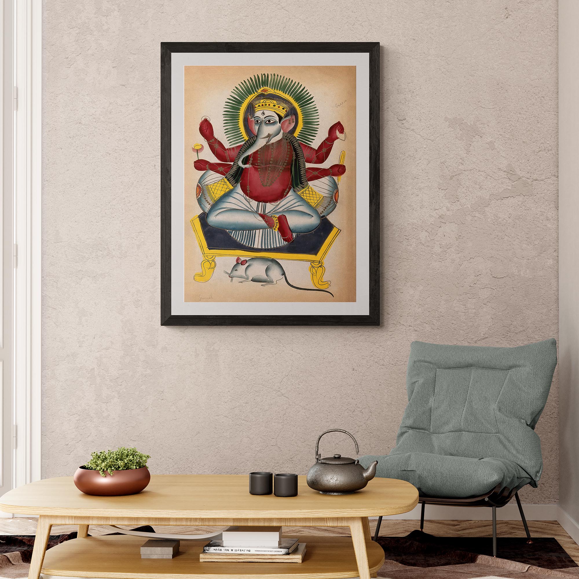 Fine art Ganesha Kalighat 19th Century Painting | Ganapati Wisdom Indian Hindu Knowlege Deity Framed Art Print