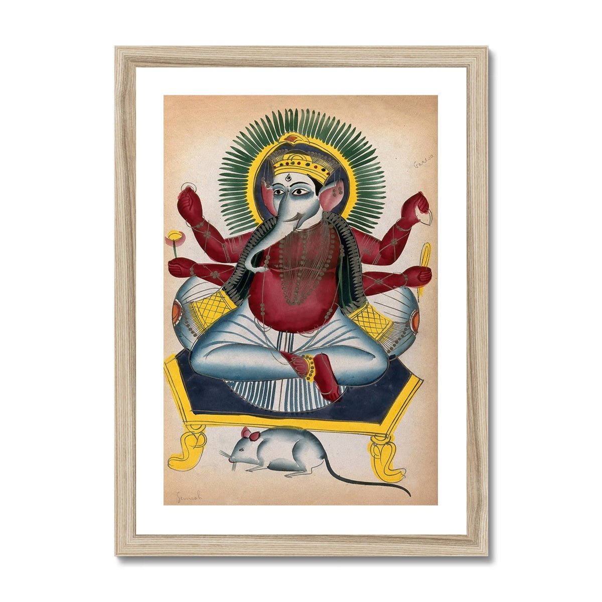 Ganesha Kalighat 19th Century Painting | Ganapati Wisdom Indian Hindu Knowlege Deity Framed Art Print