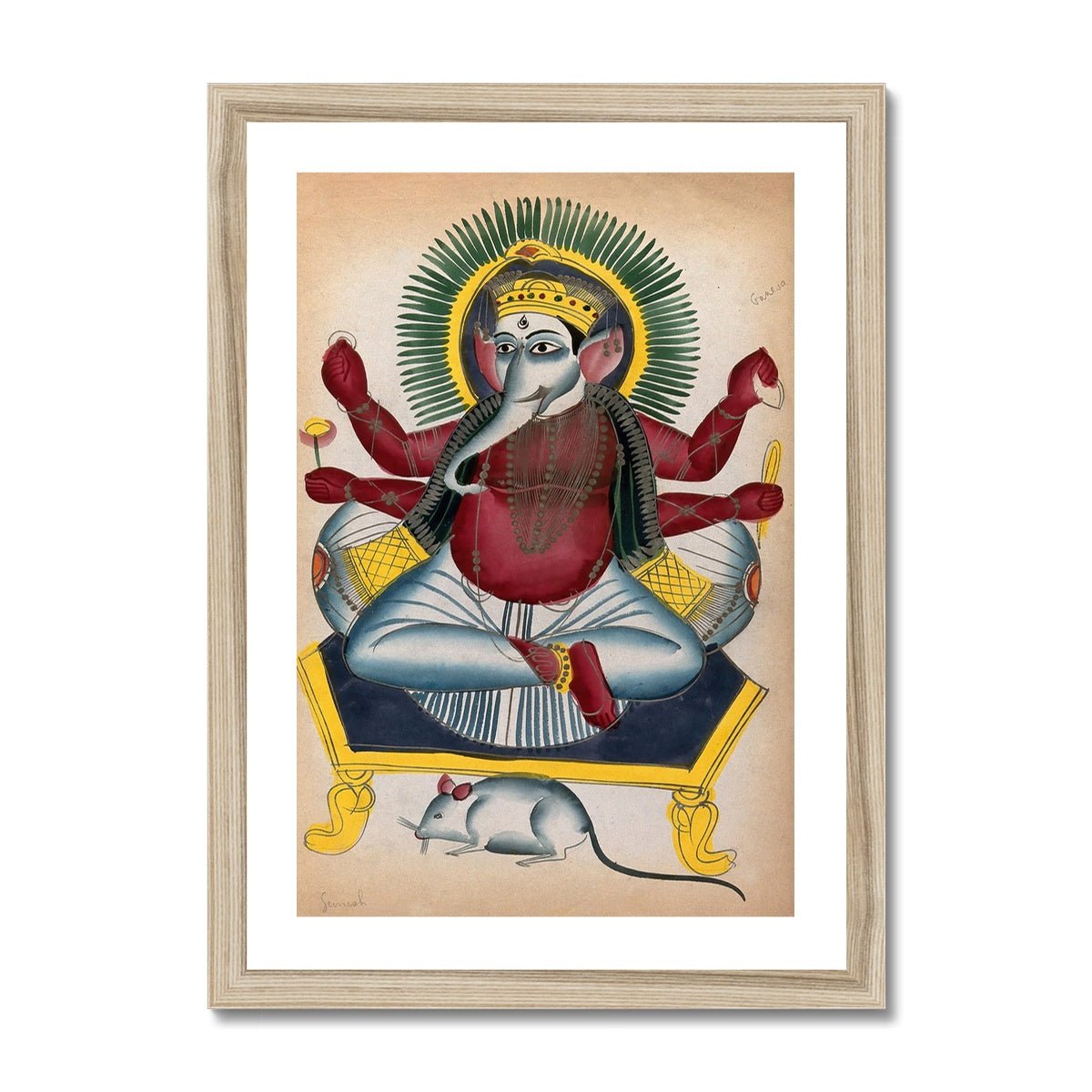 Fine art 6"x8" / Natural Frame Ganesha Kalighat 19th Century Painting | Ganapati Wisdom Indian Hindu Knowlege Deity Framed Art Print