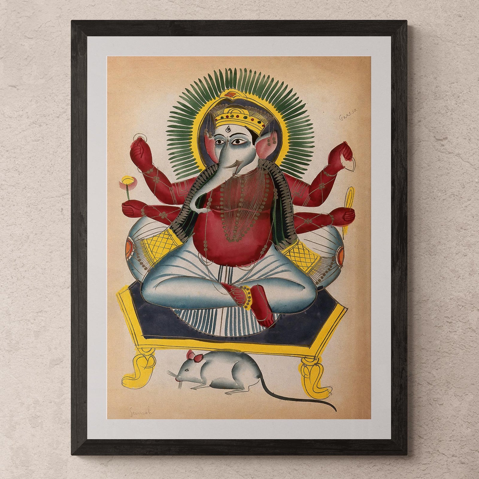 Ganesha Kalighat 19th Century Painting | Ganapati Wisdom Indian Hindu Knowlege Deity Framed Art Print