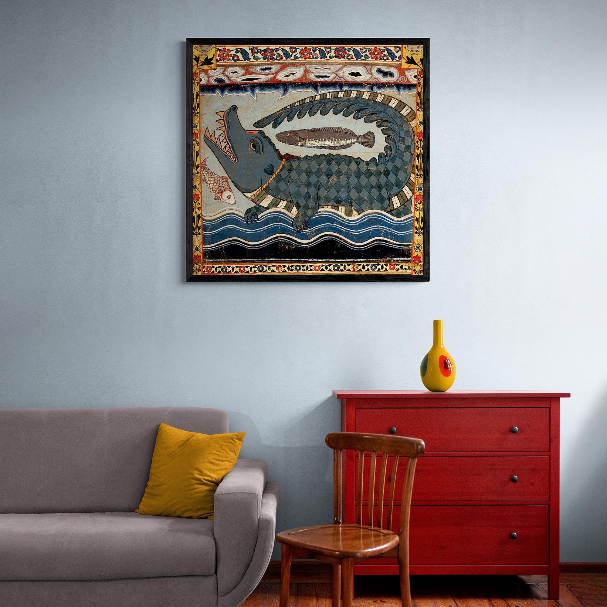 Framed Gazi Pir Crocodile Scroll Ancient Indian Art | Islamic Art, Muslim Art | Vintage Antique Sufi Alligator Framed Art Print