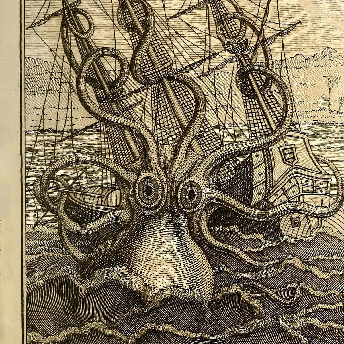 Giant Squid Octopus Print, Kraken Sea Monster, Man Cave, Nautical Decor Vintage Fine Art Print