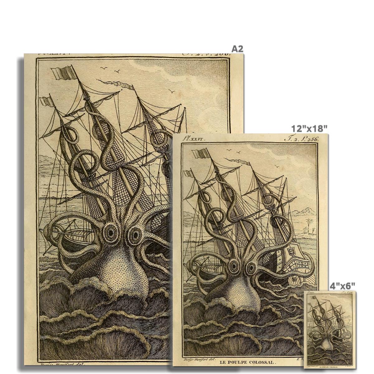 Giant Squid Octopus Print, Kraken Sea Monster, Man Cave, Nautical Decor Vintage Fine Art Print