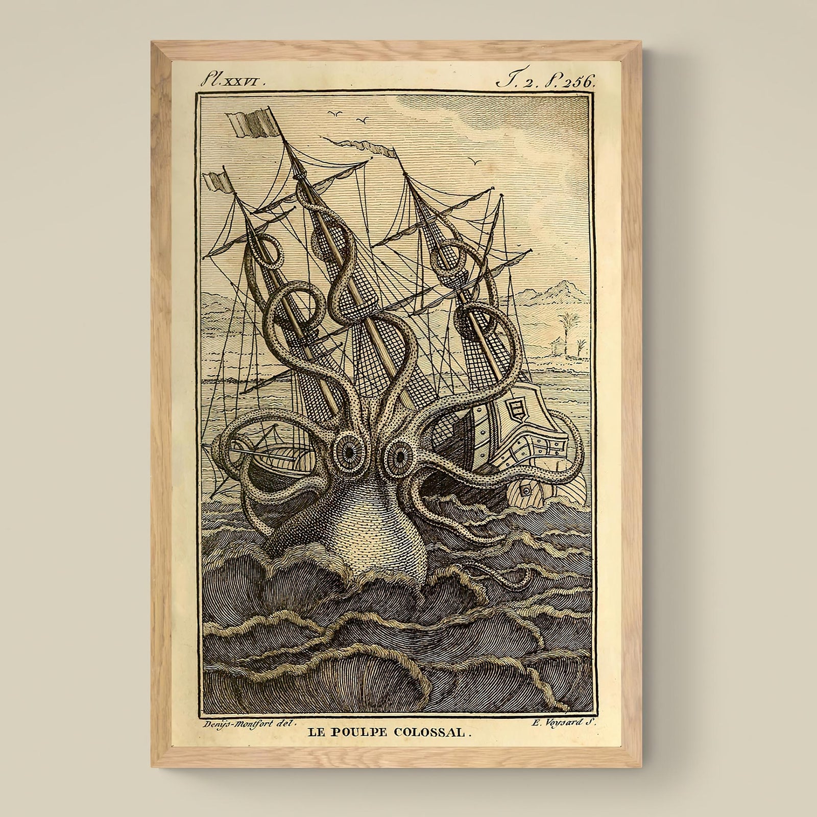 Fine art Giant Squid Octopus Print, Kraken Sea Monster, Man Cave, Nautical Decor Vintage Fine Art Print