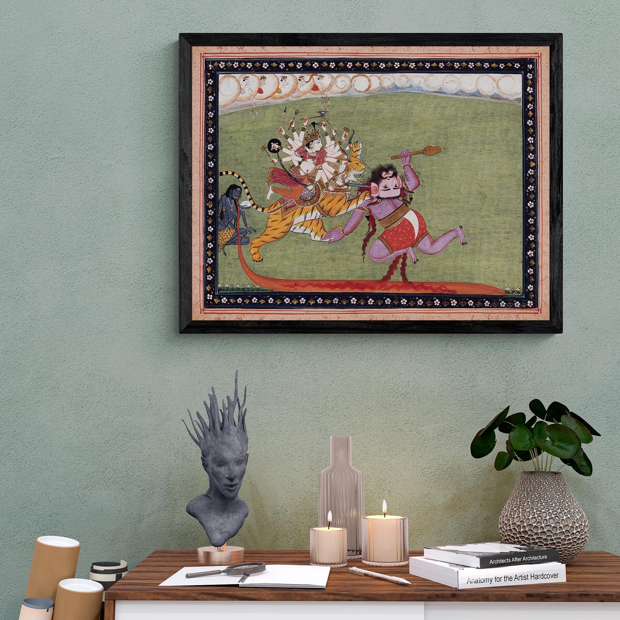 Fine art Goddess Durga, Shakti, Defeats Demon Mahishasura | Indian Mythology Folklore | Devi Bhakti Guru Framed Art Print