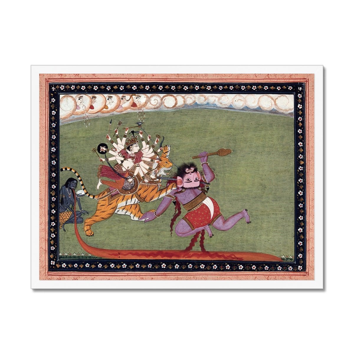 Fine art 8"x6" / White Frame Goddess Durga, Shakti, Defeats Demon Mahishasura | Indian Mythology Folklore | Devi Bhakti Guru Framed Art Print