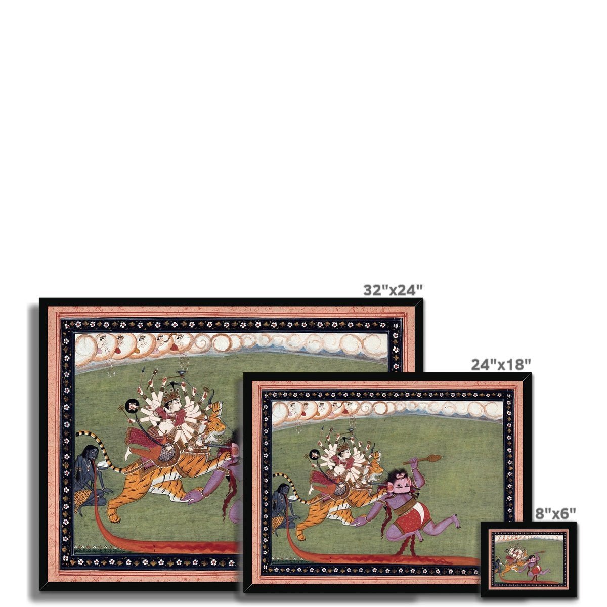 Fine art Goddess Durga, Shakti, Defeats Demon Mahishasura | Indian Mythology Folklore | Devi Bhakti Guru Framed Art Print