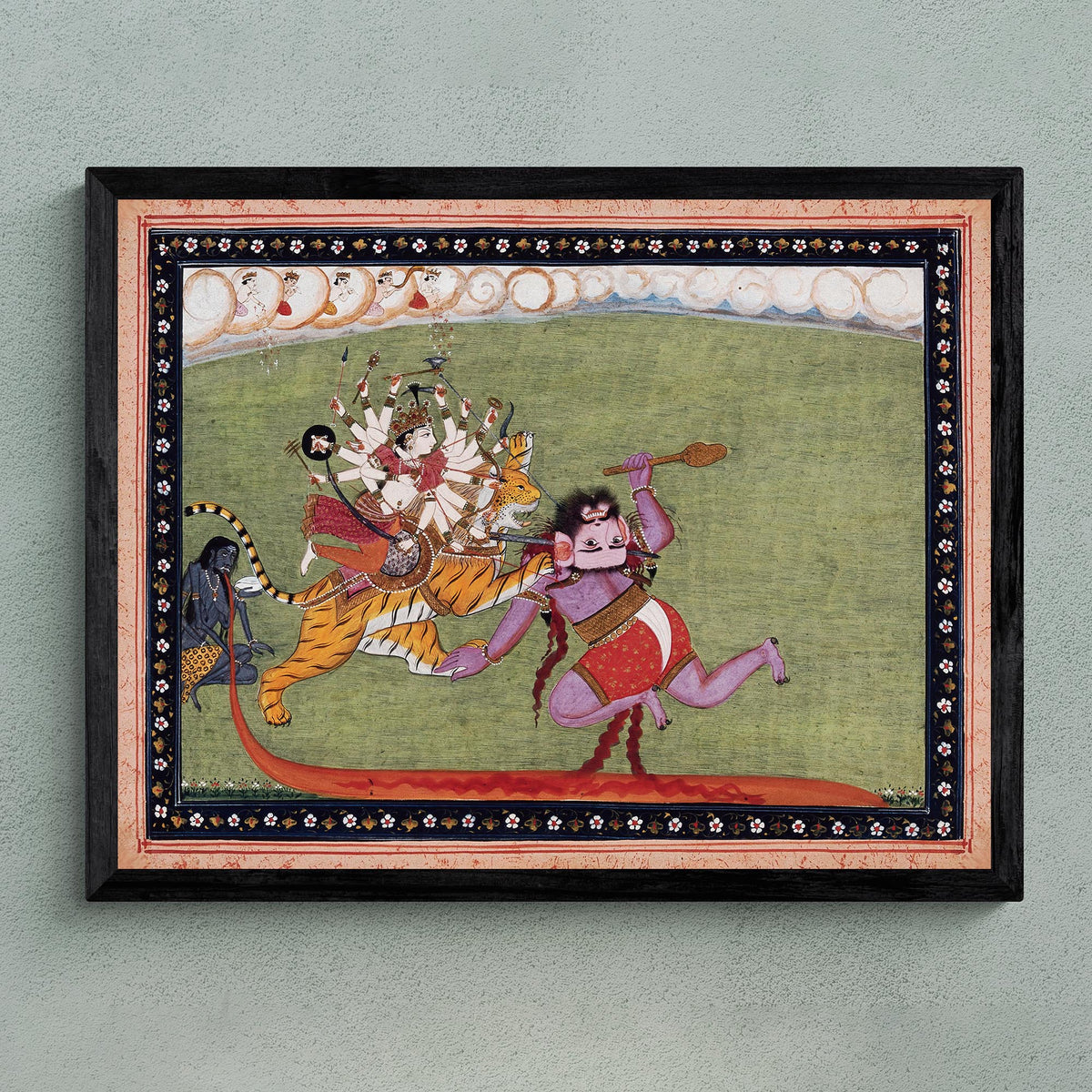Fine art 8&quot;x6&quot; / Black Frame Goddess Durga, Shakti, Defeats Demon Mahishasura | Indian Mythology Folklore | Devi Bhakti Guru Framed Art Print