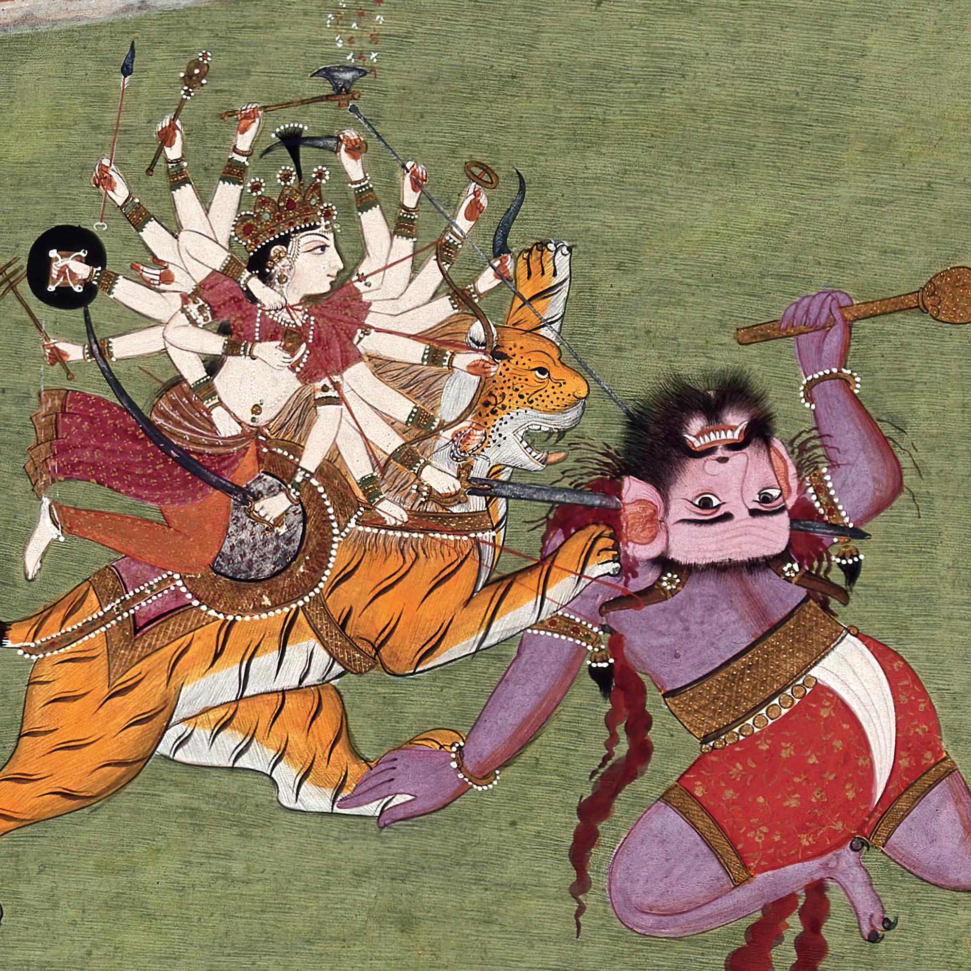 Goddess Durga, Shakti, Defeats Demon Mahishasura | Vintage Hindu Mythology Folklore | Yoga Studio Devotional Fine Art Print