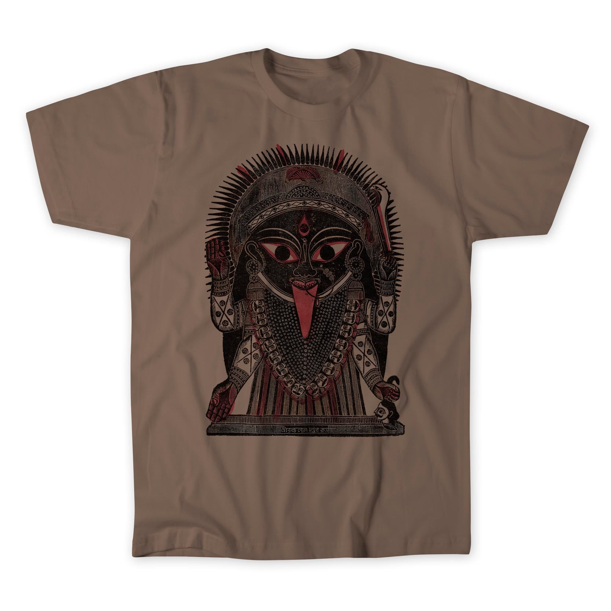 T-Shirts S / Brown Savana Goddess Kali Antique Kalighat Indian Woodcut Print | Folk Art Skull Graphic Art T-Shirt Tee