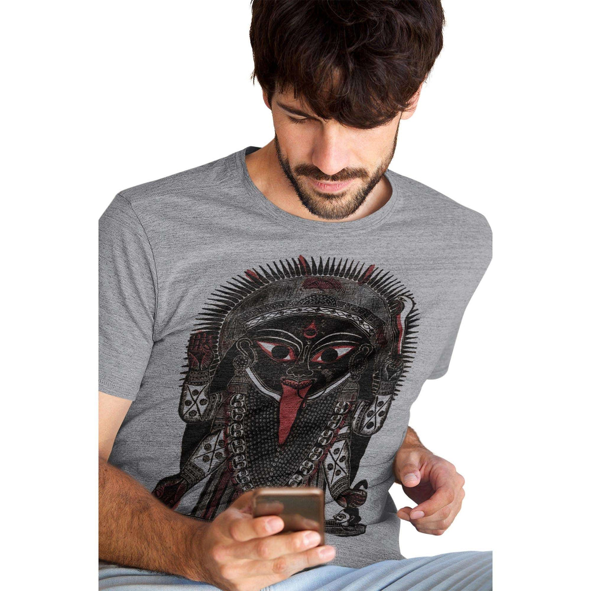 Goddess Kali Antique Kalighat Indian Woodcut Print | Folk Art Skull Graphic Art T-Shirt Tee